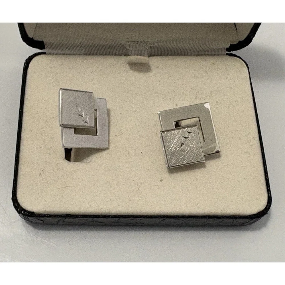 Meeting Street Cuff Link Set Vintage Engravable Silver Tone Original Case Box